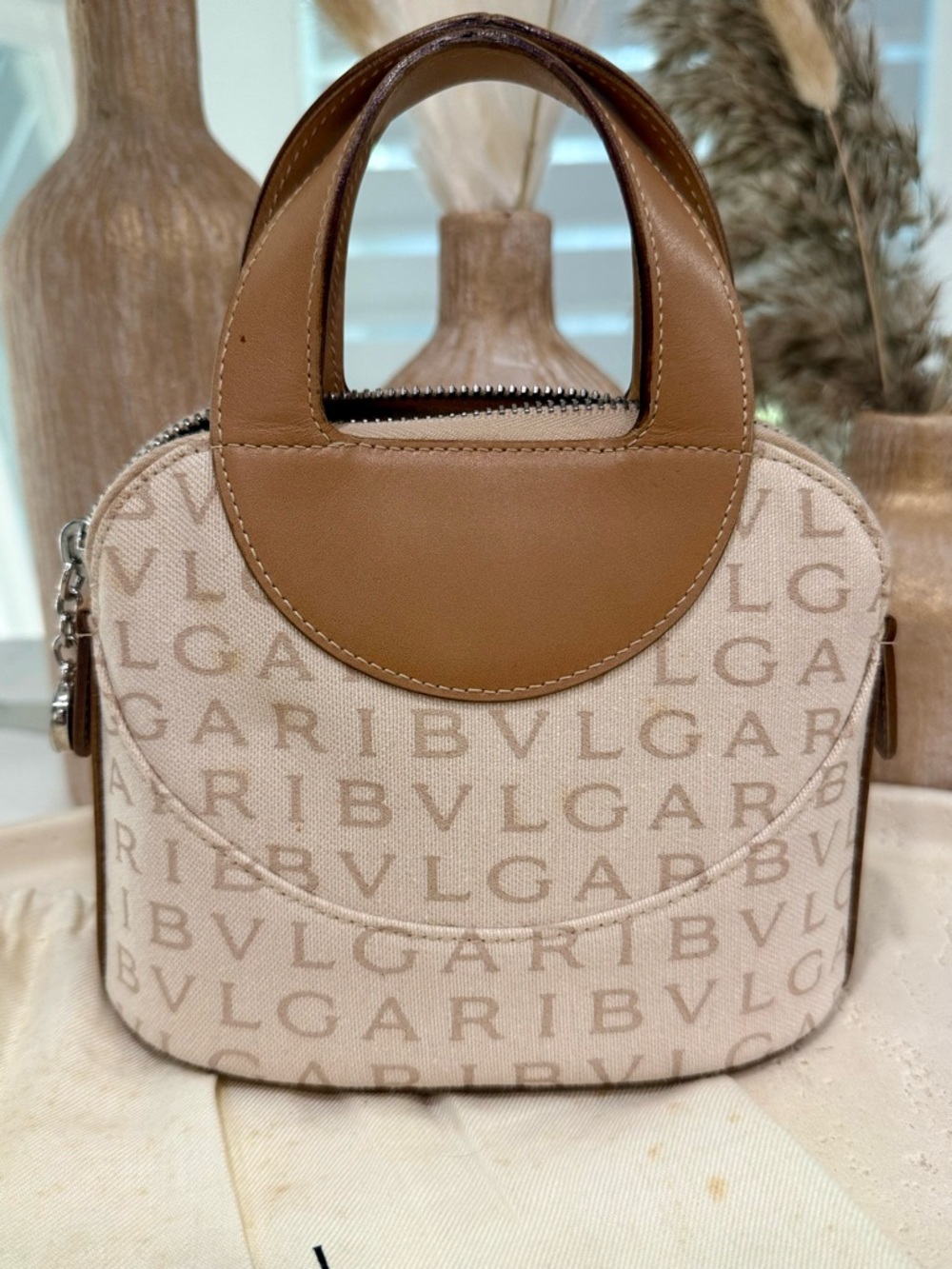 Bvlgari Logomania Mini Tote Bag - Beige Canvas & Tan Leather - Authentic BULGARI - Picture 3 of 11